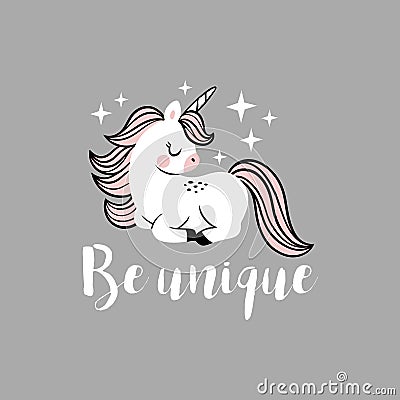 Cute vector baby unicorn with stars and text. Vector Illustration