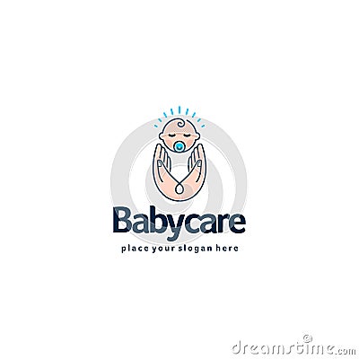 Baby logo. Sleeping baby in mother hands. Care and safety logotype. Vector Illustration