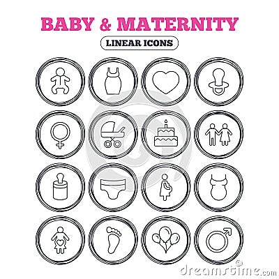 Baby and Maternity line icon. Pacifier, diapers. Vector Illustration