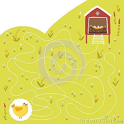 Baby Maze. Cool kids mini game for development. Colorful illustration in a simple cartoon style. Help mom chicken get to the eggs Cartoon Illustration