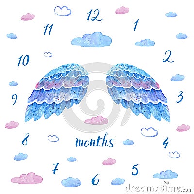 Baby milestone blanket with hand drawn blue watercolor wings Stock Photo