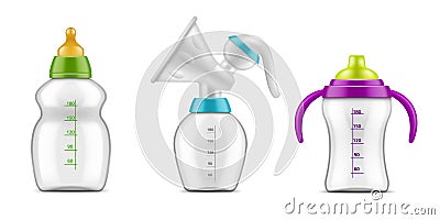 Baby milk bottles. Realistic plastic bottle with rubber pacifier, manual breast pump and drink container, newborn child Vector Illustration