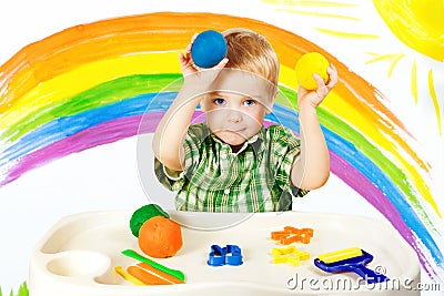 Baby Modeling Colorful Clay, Child Color Dough Balls, Kid Art Stock Photo