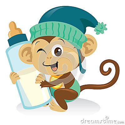 Baby Monkey With Milk Bottle Vector Illustration