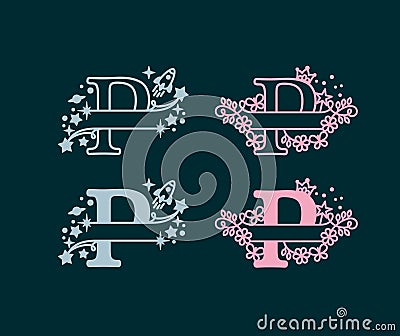 Alphabet Split Monograms. Baby name monogram. Split Letter Monogram. Alphabet Frame Font. Laser cut template. Initial monogram let Vector Illustration