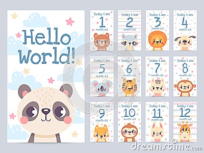 Baby month cards with animals. Monthly milestone stickers for newborn scrapbook. Kids age tags with sloth, lion, giraffe Vector Illustration