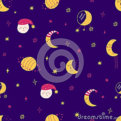 Baby moon pattern. Sleepy moon face. Night time dark background. Kids moon planet illustration. Vector Illustration