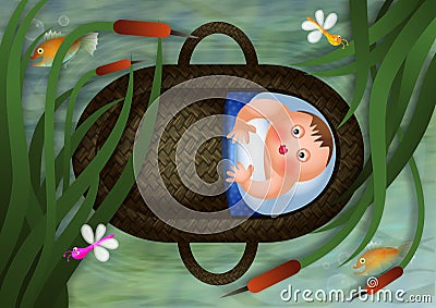 Baby Moses in a Basket Cartoon Illustration