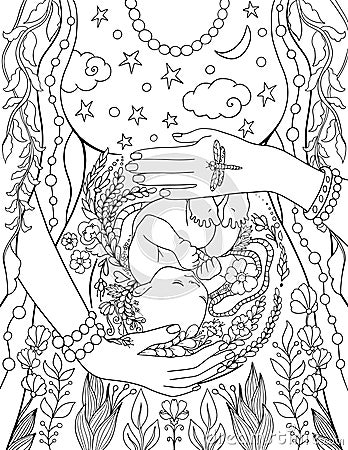 Baby in mother womb during pregnancy, beauty of maternity. Anti stress adult coloring book page Vector Illustration