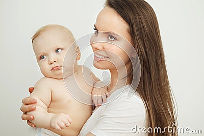 Baby in mothers`s hand. Little enfant toddler Stock Photo