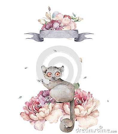 Baby Mouse lemur. Hand drawn cute watercolor cartoon mouse lemur on tree with jungle leaves on white background Stock Photo