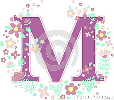 Baby name initial m with flowers Vector Illustration
