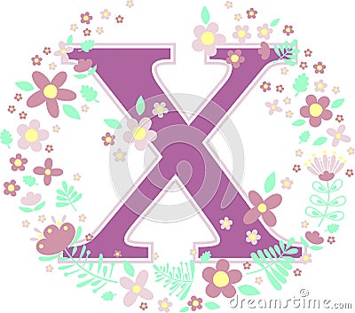 Baby name initial x with flowers Vector Illustration