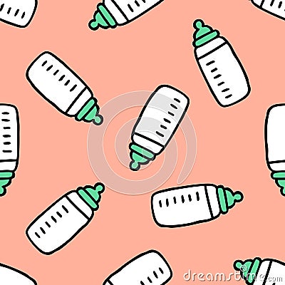 Baby nipple bottle seamless doodle pattern, vector illustration Cartoon Illustration