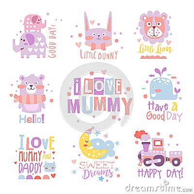 Baby Nursery Room Print Design Templates Collection In Cute Girly Manner With Text Messages Vector Illustration