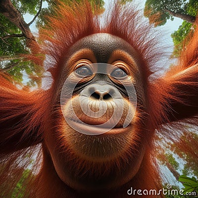 Baby orang-utan peers into viewpoint, in unique portrait Stock Photo