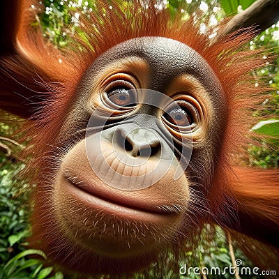 Baby orang-utan peers into viewpoint, in unique portrait Stock Photo