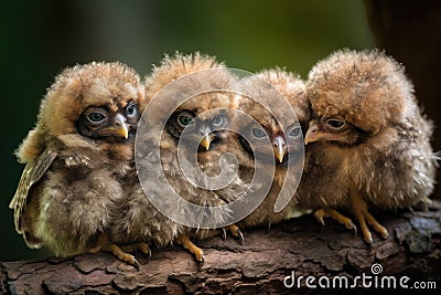 baby owls huddle together on a branch, heads tilted Stock Photo