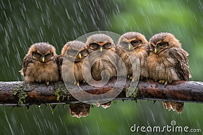 baby owls huddle together on the branch, sheltered from rain and wind Stock Photo