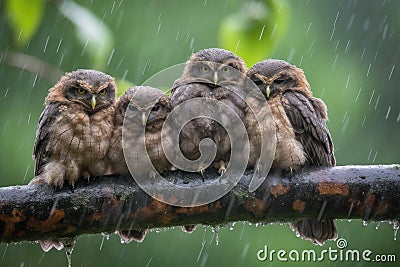baby owls huddle together on the branch, sheltered from rain and wind Stock Photo