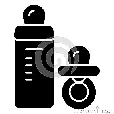 Baby pacifier and bottle vector icon. Black and white baby dummy illustration. Solid linear icon. Vector Illustration