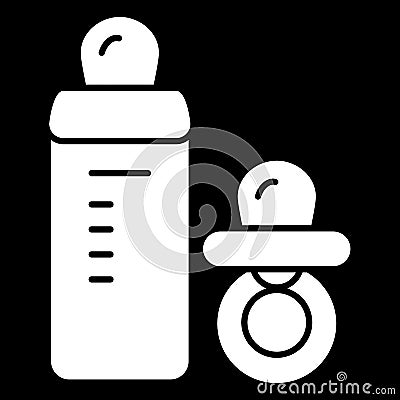 Baby pacifier and bottle vector icon. Black and white baby dummy illustration. Solid linear icon. Vector Illustration