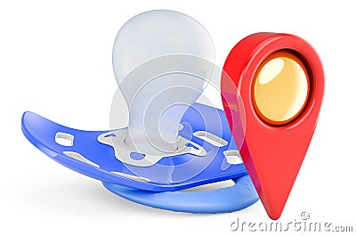 Baby pacifier with map pointer. 3D rendering Stock Photo
