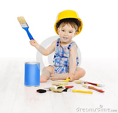 Baby Painting Brush Color. Child Boy Funny Little Designer Stock Photo