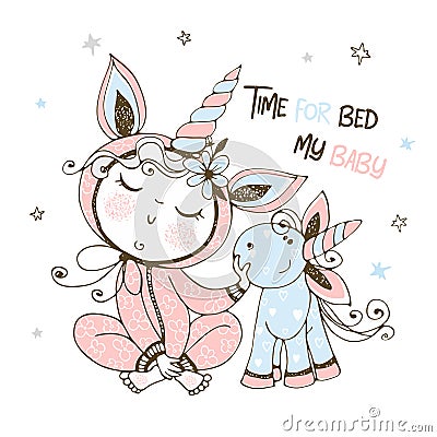Baby in pajamas with his unicorn toy. It`s time to sleep. Vector Vector Illustration