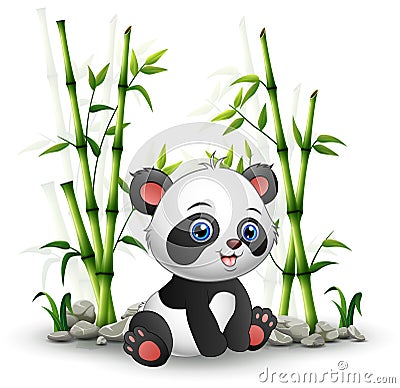 Baby panda sitting among bamboo stem Vector Illustration