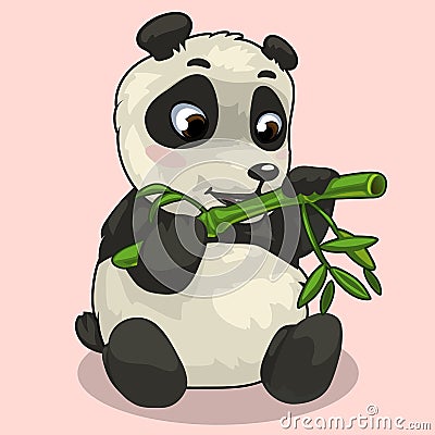 Baby Panda with sprig of bamboo on pink background Vector Illustration