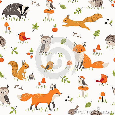 Baby pattern with cute little woodland animals and birds Vector Illustration