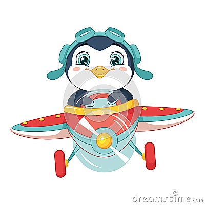 Penguin pilot flying on plane. Cartoon vector illustration Vector Illustration