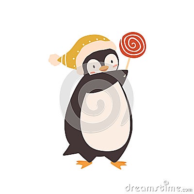 Baby penguin with lollipop vector flat illustration. Cheerful polar bird carrying candy on stick wearing warm knitted Vector Illustration