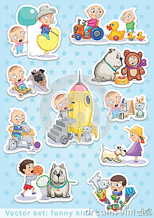 Baby and pets. Vector set: Funny kids Vector Illustration