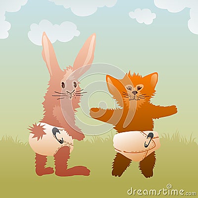 Baby pets wearing diapers Vector Illustration