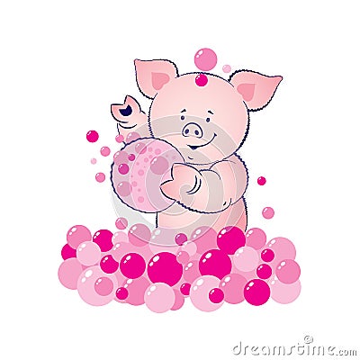 Baby pig is washing illustration. Lovely blue bear cub with a washcloth and bubbles. Vector Illustration