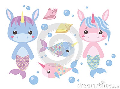 Baby pink and blue cartoon unicorn mermaids, swordfish, seashell and water bubbles vector illustration set Cartoon Illustration