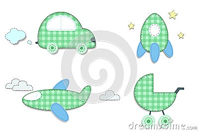 Baby plaid green stickers of car, rocket, stroller, airplane Vector Illustration