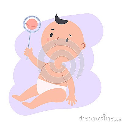 Baby play with rattle. Newborn child, Little kid enjoy toy. Playing toddler Vector Illustration