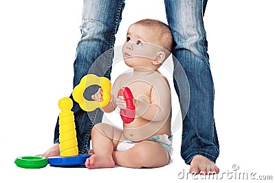 Baby play on white background with mother Stock Photo