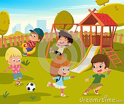 Baby Playground Summer Park Vector Illustration. Children Play Football and Swing Outdoor in School Yard Kindergarten Vector Illustration