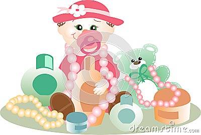 Baby playing with cosmetics and jewels Vector Illustration