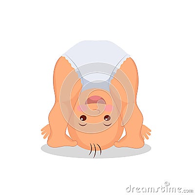 Baby playing standing on his head. Little child playing upside down. Isolated baby on the white background. Raster copy Stock Photo