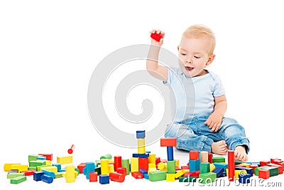 Baby Playing Toys Blocks, Kid Play Building Bricks, One Year Old Child on White Stock Photo