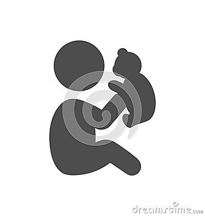 Baby plays with teddy bear pictogram flat icon isolated on white Vector Illustration