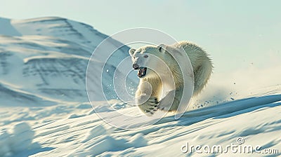 A baby polar bear running through the snow Stock Photo