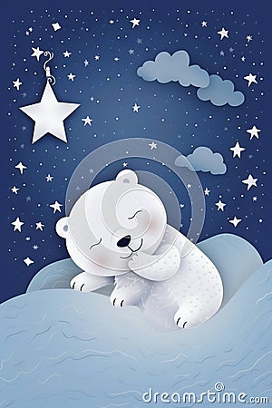 Baby Polar Bear Sleeping on Cloud with Starry Sky. Generative ai Cartoon Illustration