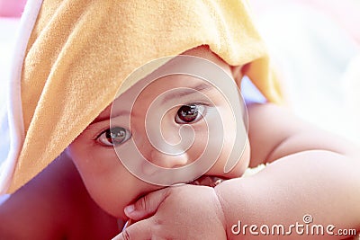 baby portrait playing in bedroom Stock Photo