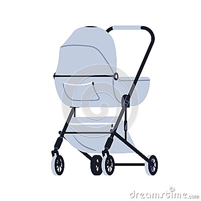 Baby pram, carriage. Newborn pushchair, stroller with bag, back view. Wheeled cradle for walking. Kids transport with Vector Illustration